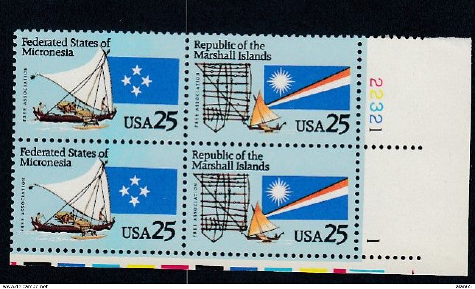 Sc#2506-2507, Micronesia & Marshall Islands, 25-cent 1990 Issue, Plate # Block Of 4 MNH US Postage Stamps - Plaatnummers