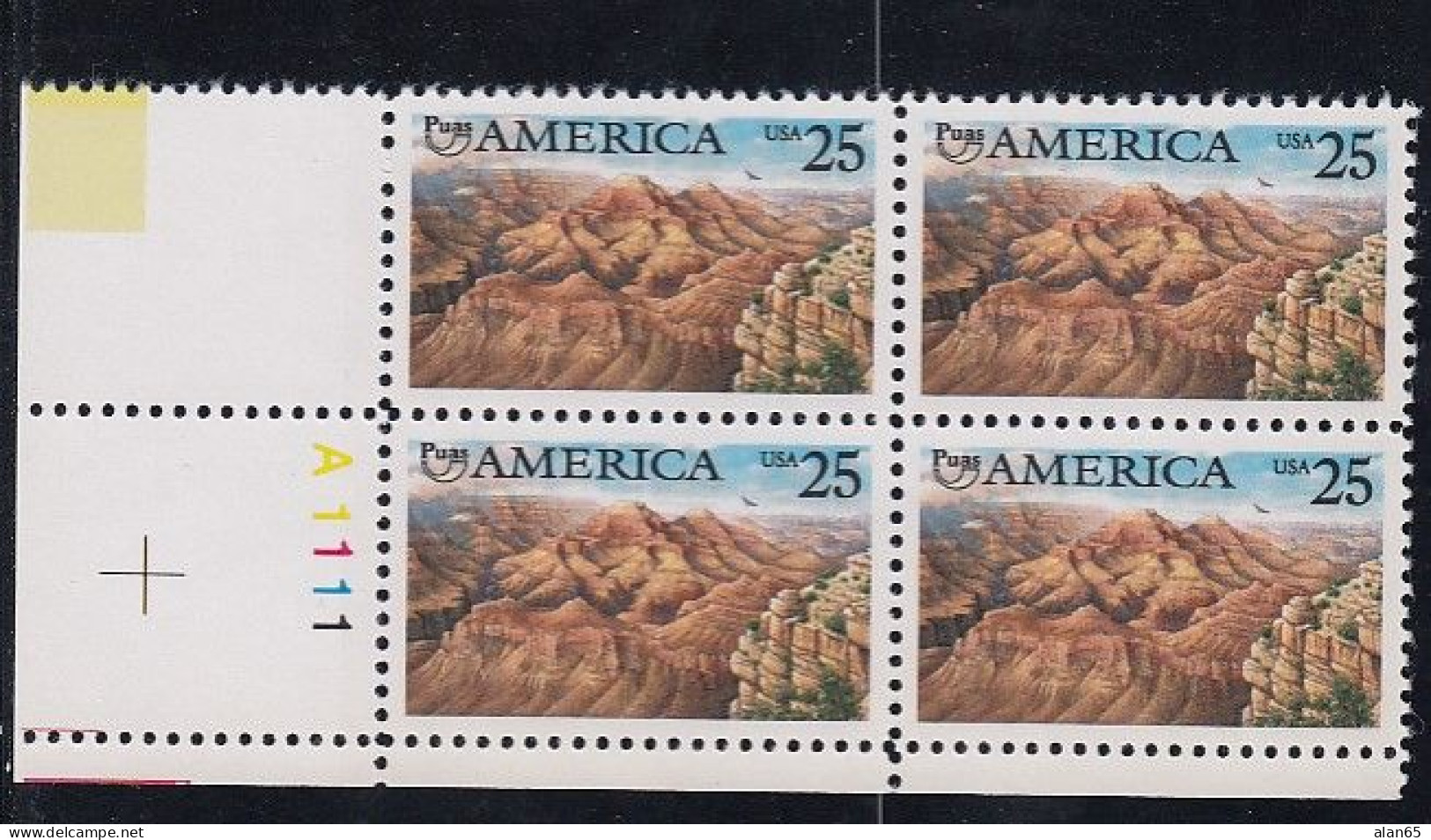 Sc#2512, Pre-Columbian America, Grand Canyon, 25-cent 1990 Issue, Plate # Block Of 4 MNH US Postage Stamps - Plaatnummers