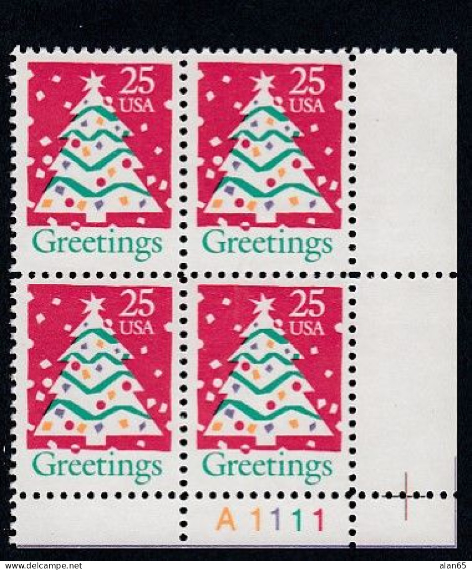 Sc#2515, Christmas Tree, 25-cent 1990 Issue, Plate # Block Of 4 MNH US Postage Stamps - Plattennummern