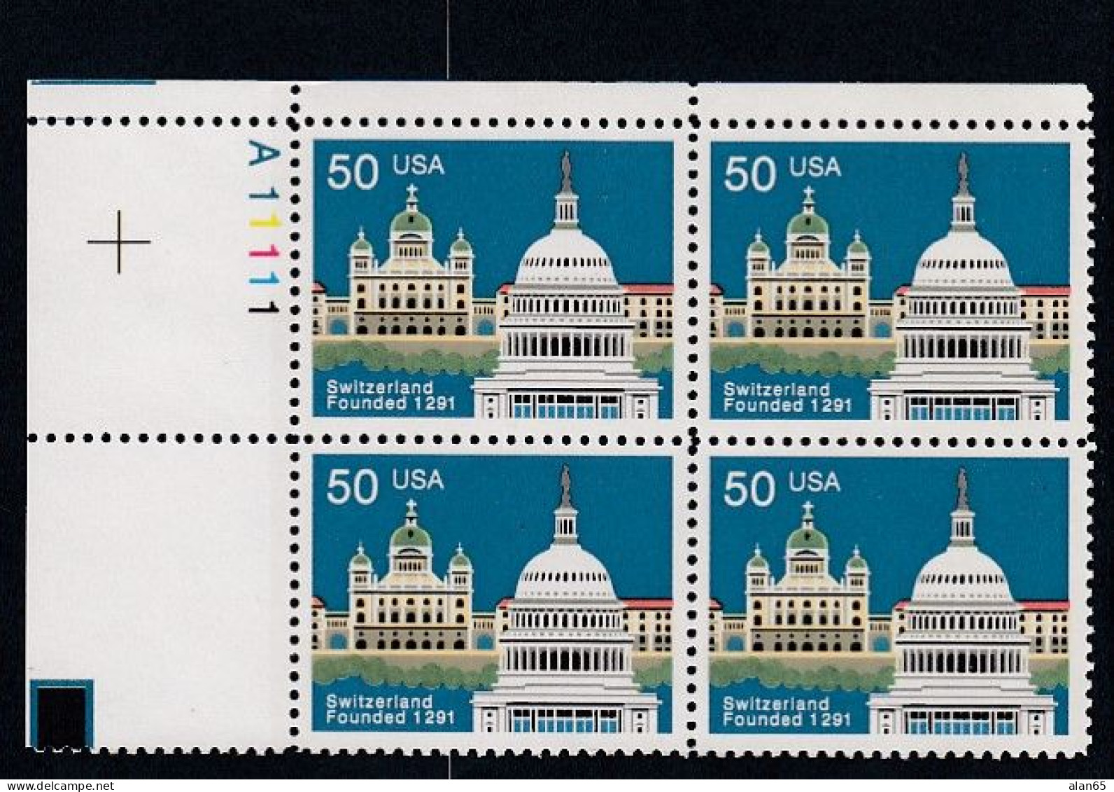 Sc#2532, Switzerland 700th Anniversary, 50-cent 1991 Issue, Plate # Block Of 4 MNH US Postage Stamps - Plattennummern