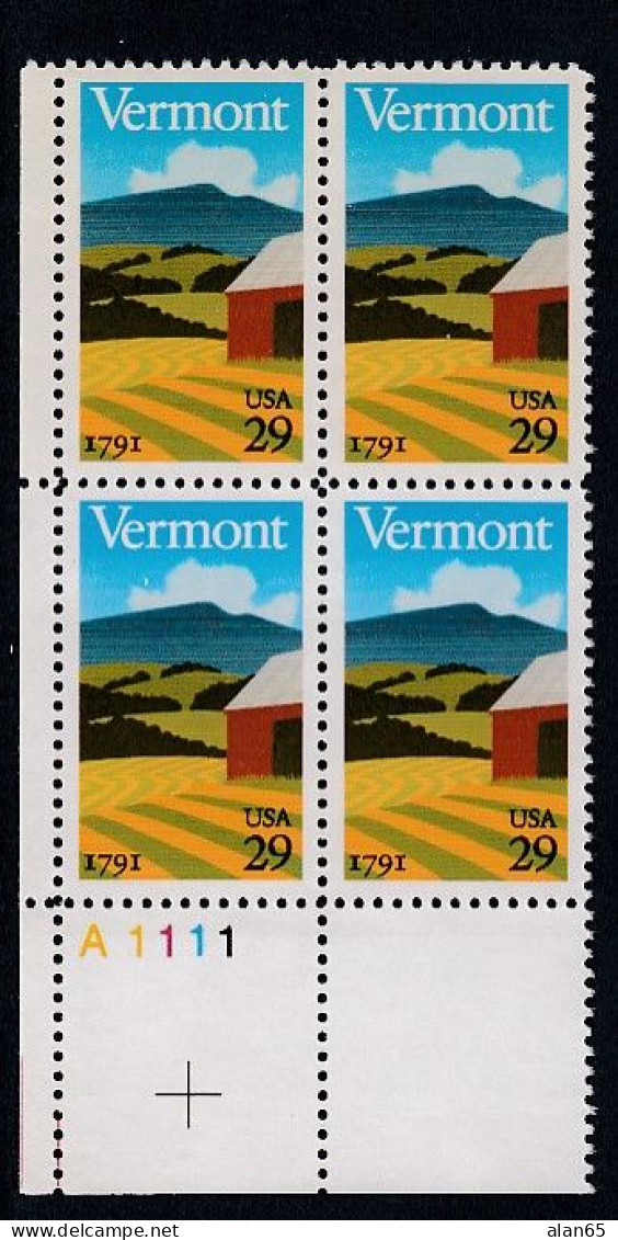 Sc#2533, Vermont Statehood 200th Anniversary, 29-cent 1991 Issue, Plate # Block Of 4 MNH US Postage Stamps - Plate Blocks & Sheetlets