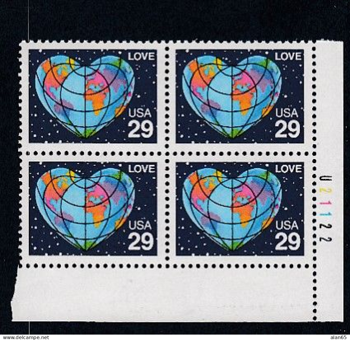 Sc#2535, 'Love' Earth Globe Map, 29-cent 1991 Issue, Plate # Block Of 4 MNH US Postage Stamps - Plate Blocks & Sheetlets