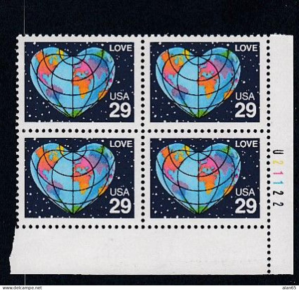 Sc#2535, 'Love' Earth Globe Map, 29-cent 1991 Issue, Plate # Block Of 4 MNH US Postage Stamps - Plattennummern