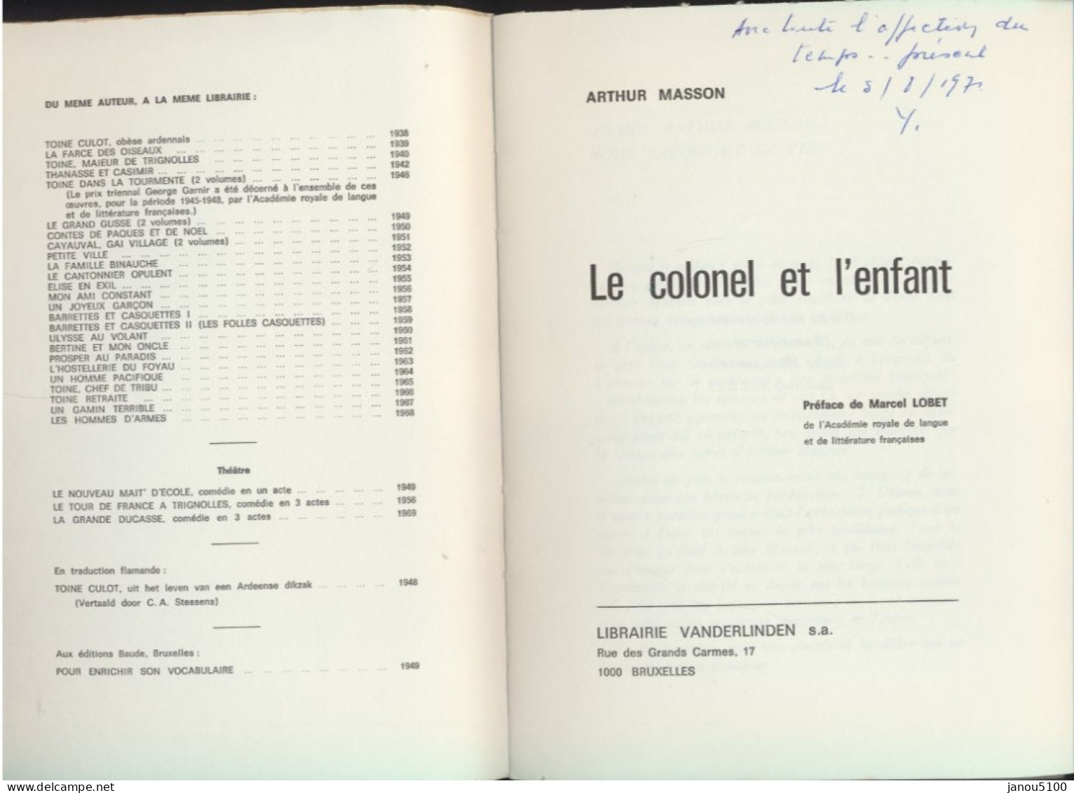 LIVRE ROMAN AUTEUR BELGE  ARTHUR MASSON  " LE COLONEL ET L' ENFANT "      1970- EDITION ORIGINALE. - Auteurs Belges