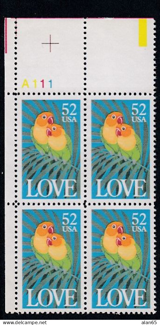 Sc#2537, 'Love' Parrots Birds, 52-cent 1991 Issue, Plate # Block Of 4 MNH US Postage Stamps - Plaatnummers