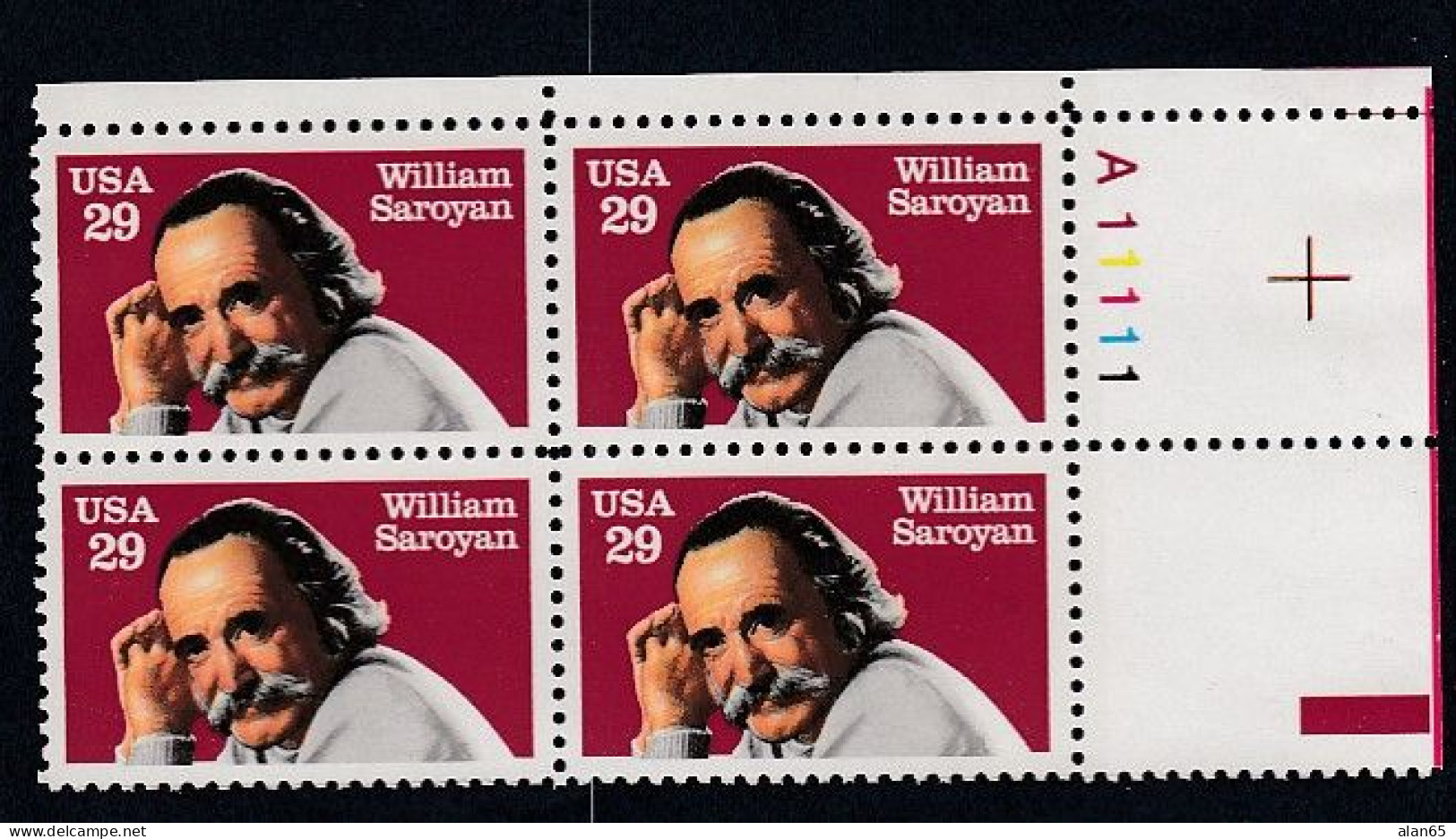 Sc#2538, Literary Arts Series, Author William Saroyan 29-cent 1991 Issue, Plate # Block Of 4 MNH US Postage Stamps - Numero Di Lastre