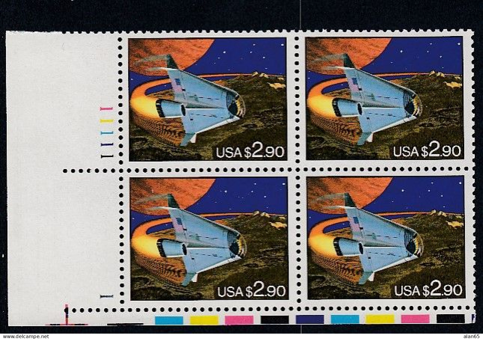 Sc#2543, Futuristic Space Shuttle, $2.90 1993 Issue, Plate # Block Of 4 MNH US Postage Stamps - Plaatnummers