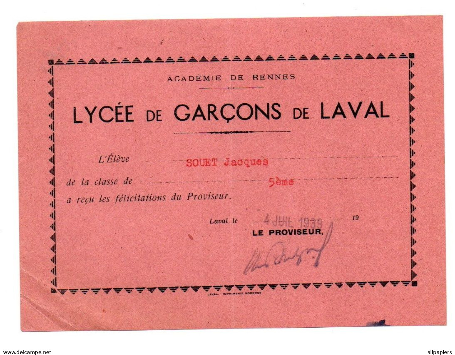 Félicitations Du Proviseur Du Lycée De Garçons De Laval En 1939 - Format : 17.5x12.5 Cm - Diplômes & Bulletins Scolaires