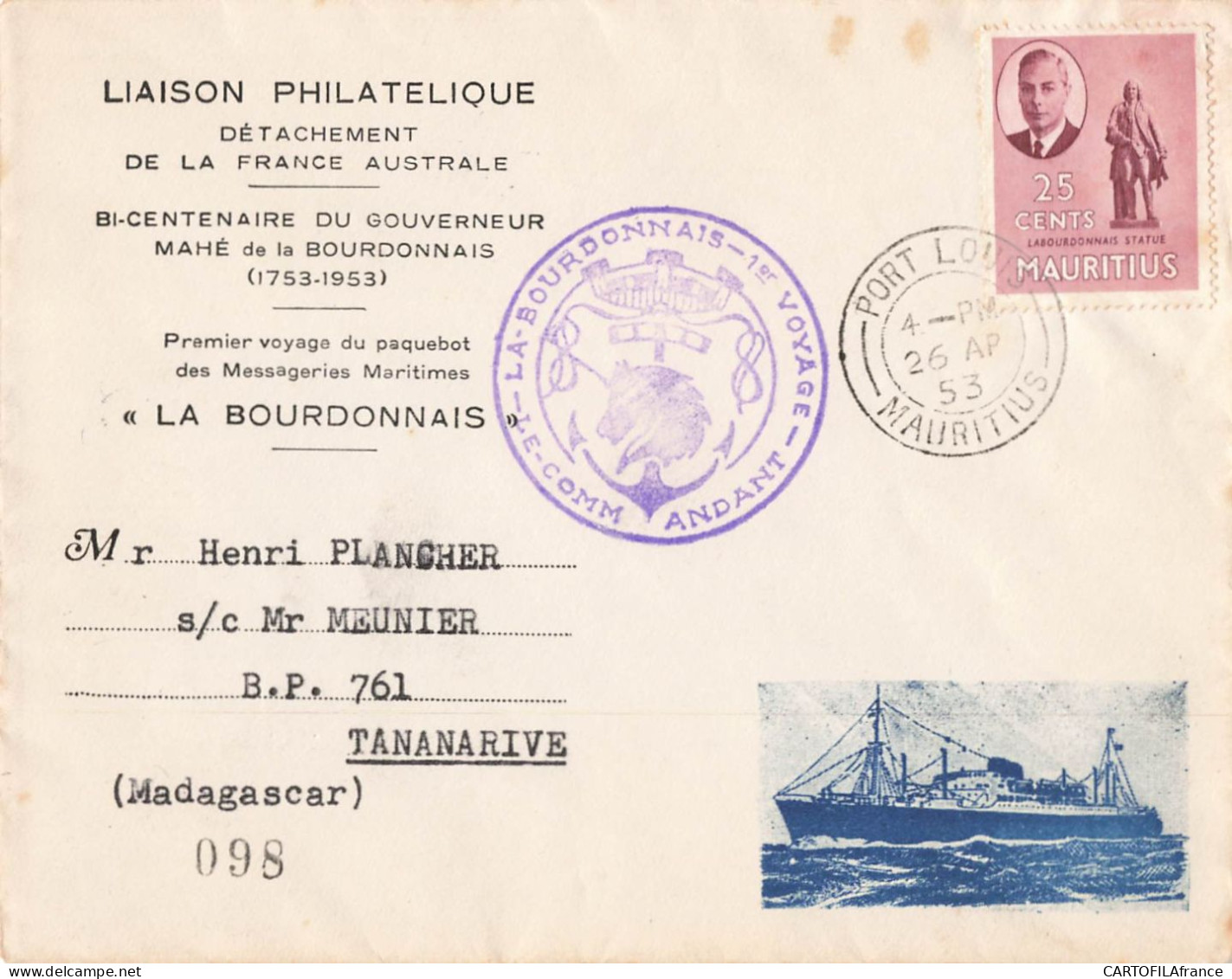 Lettre LIAISON PHILATHELIQUE Détachement De La France AUSTRALE 1953 - ...-1955 Voorfilatelie