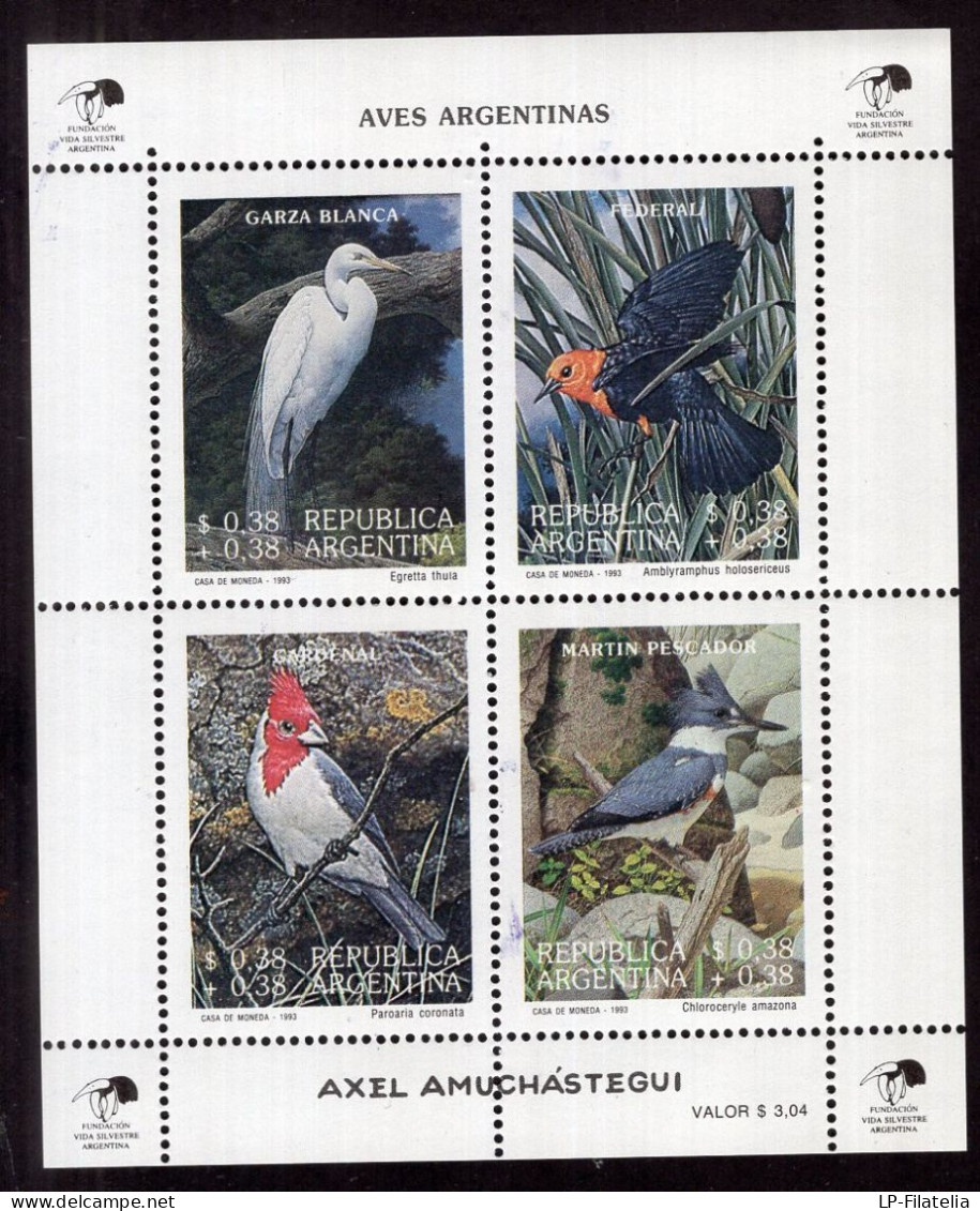 Argentina - 1993 - Aves Argentinas - Garza Blanca. Federal. Cardenal. Martín Pescador. - Nuevos