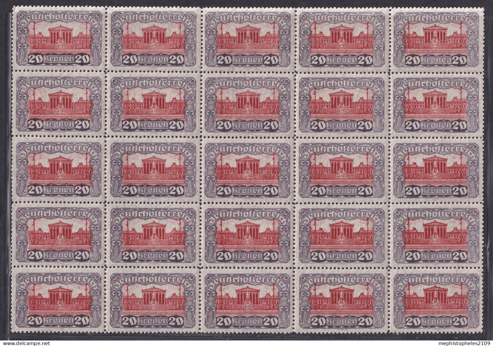 AUSTRIA 1919/21 - MNH - ANK 291 - 20K - Block Of 25 - Nuovi