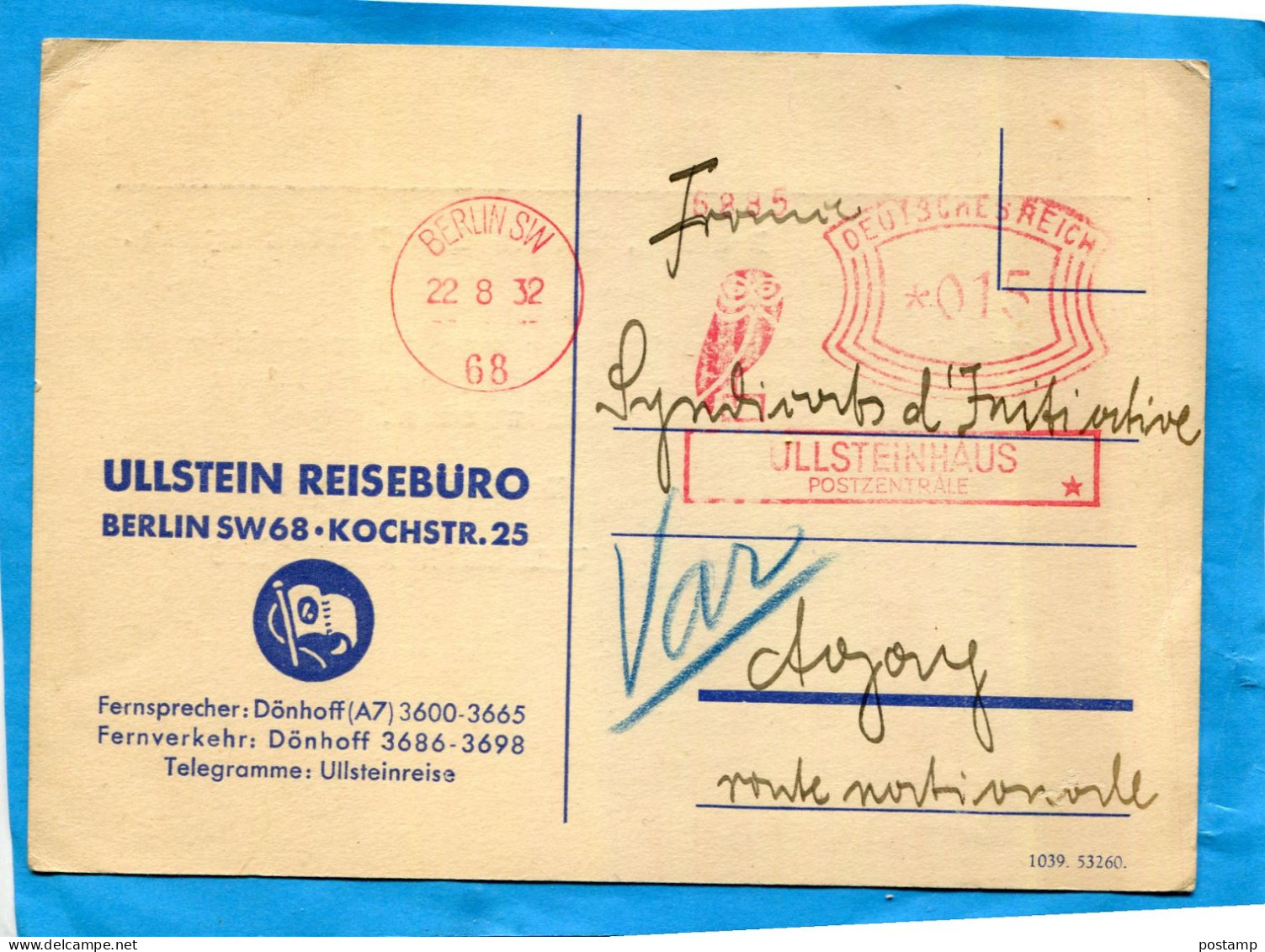 ALLEMAGNE Carte Commerciale-ULLSTEIN REISBURO Oblitération Mécanique Rouge BERLIN-22 09 1932 - Franking Machines