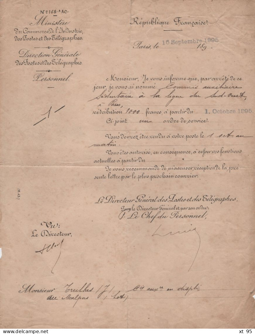 Dossier De Carriere D Un Commis Ambulant Sur La Ligne Du Sud Ouest 1895/1906 - Correo Ferroviario