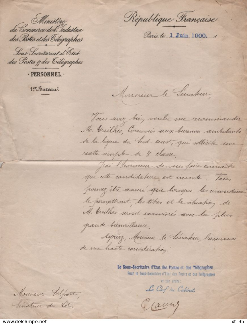 Dossier De Carriere D Un Commis Ambulant Sur La Ligne Du Sud Ouest 1895/1906 - Spoorwegpost