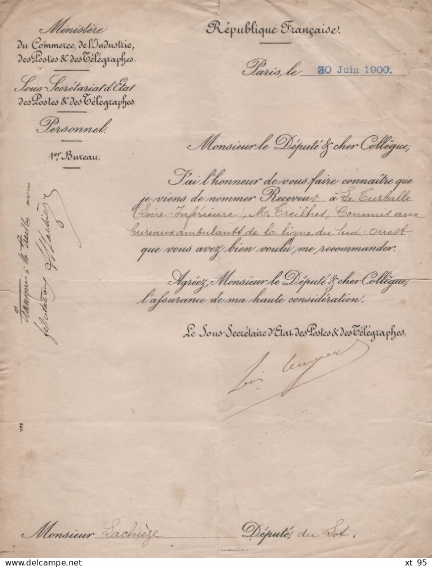 Dossier De Carriere D Un Commis Ambulant Sur La Ligne Du Sud Ouest 1895/1906 - Correo Ferroviario