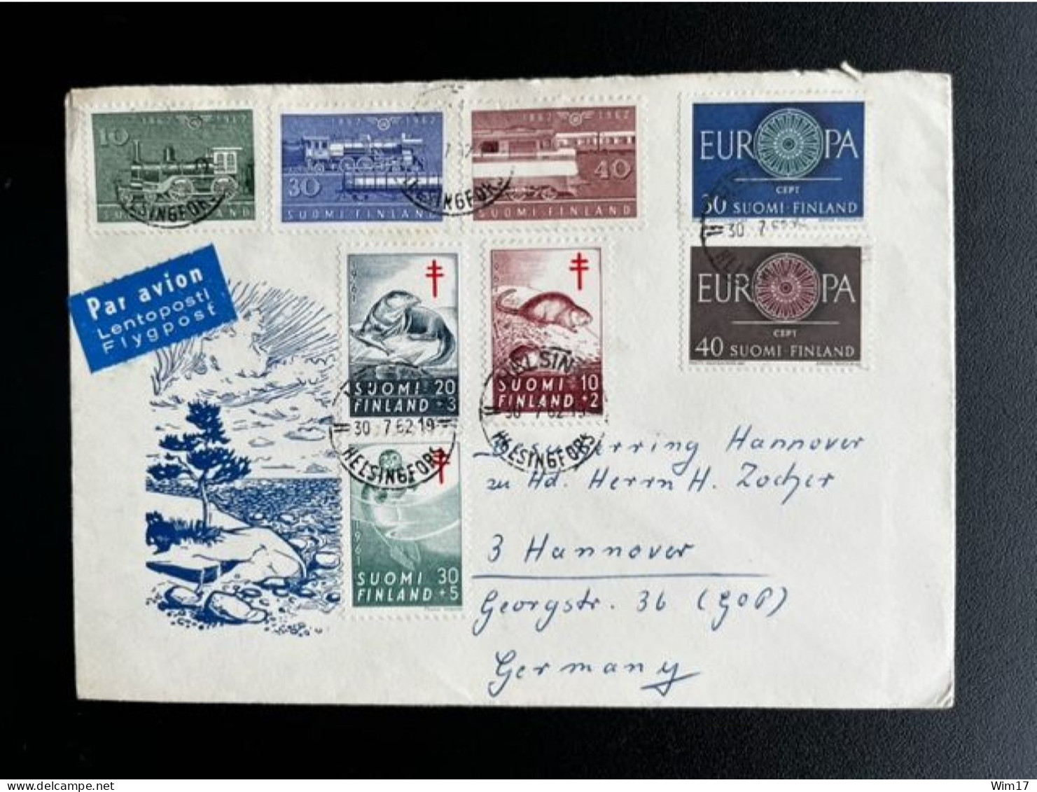 FINLAND SUOMI 1962 LETTER HELSINKI HELSINGFORS TO HANNOVER 30-07-1962 ANIMALS TRAINS - Briefe U. Dokumente