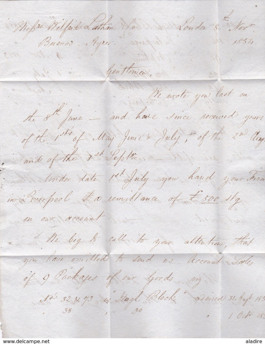 1854 - Lettre Avec Correspondance De 3 Pages De Londres London Vers Buenos Ayres Aires, Argentina Par Packet - Postmark Collection