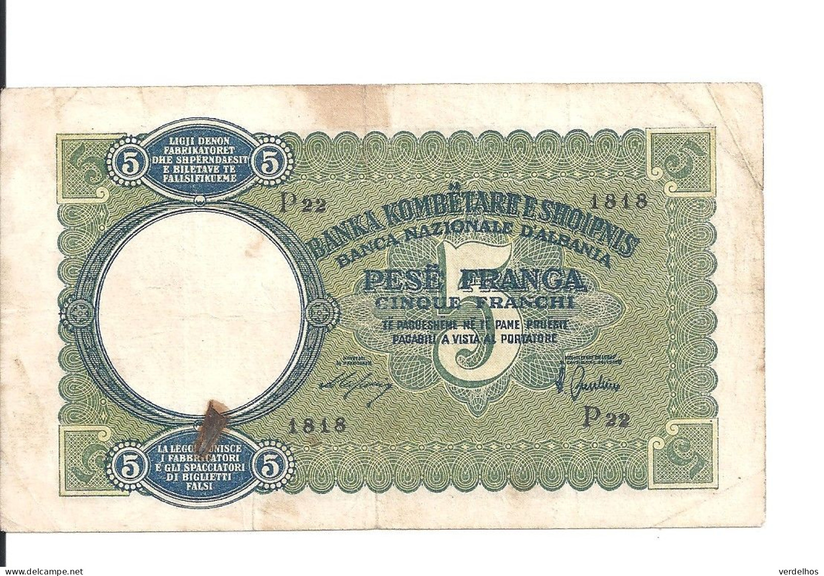 ALBANIE 5 FRANGA ND1939 VF P 6 - Albanië