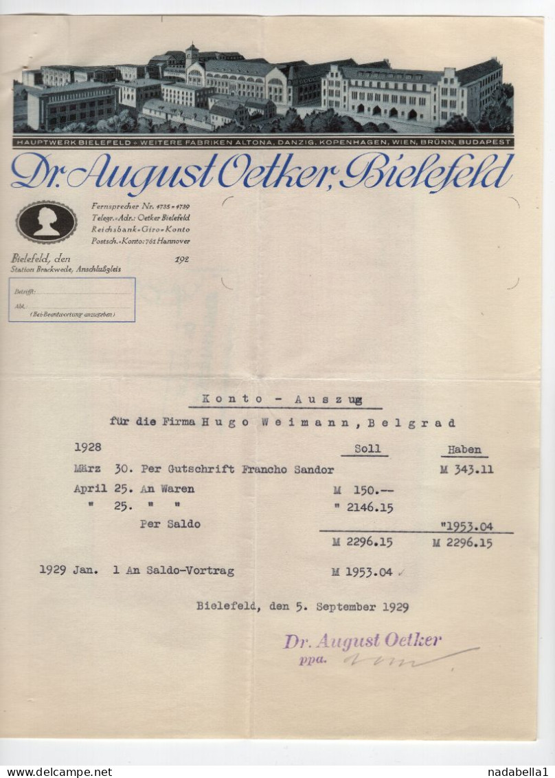 1929. GERMANY,BIELEFELD,DR.AUGUST OETKER MAIN FABRIK,INVOICE ON LETTERHEAD SENT TO BELGRADE,YUGOSLAVIA - Lebensmittel