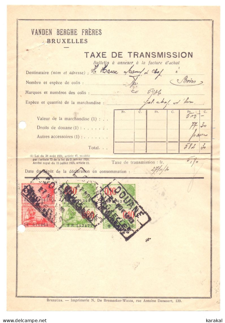 Belgique Timbres Fiscaux Taxe De Transmission Douane Bruxelles Boirs Bassenge 1930 - Documenten