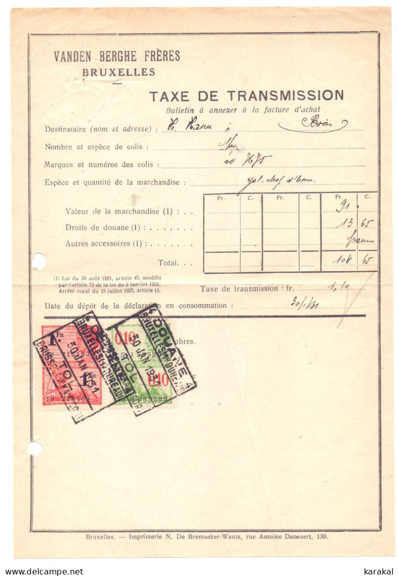 Belgique Timbres Fiscaux Taxe De Transmission Douane Bruxelles Boirs Bassenge 1931 - Documenti