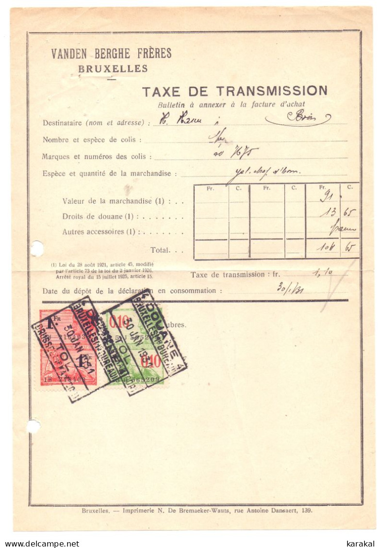 Belgique Timbres Fiscaux Taxe De Transmission Douane Bruxelles Boirs Bassenge 1931 - Documents