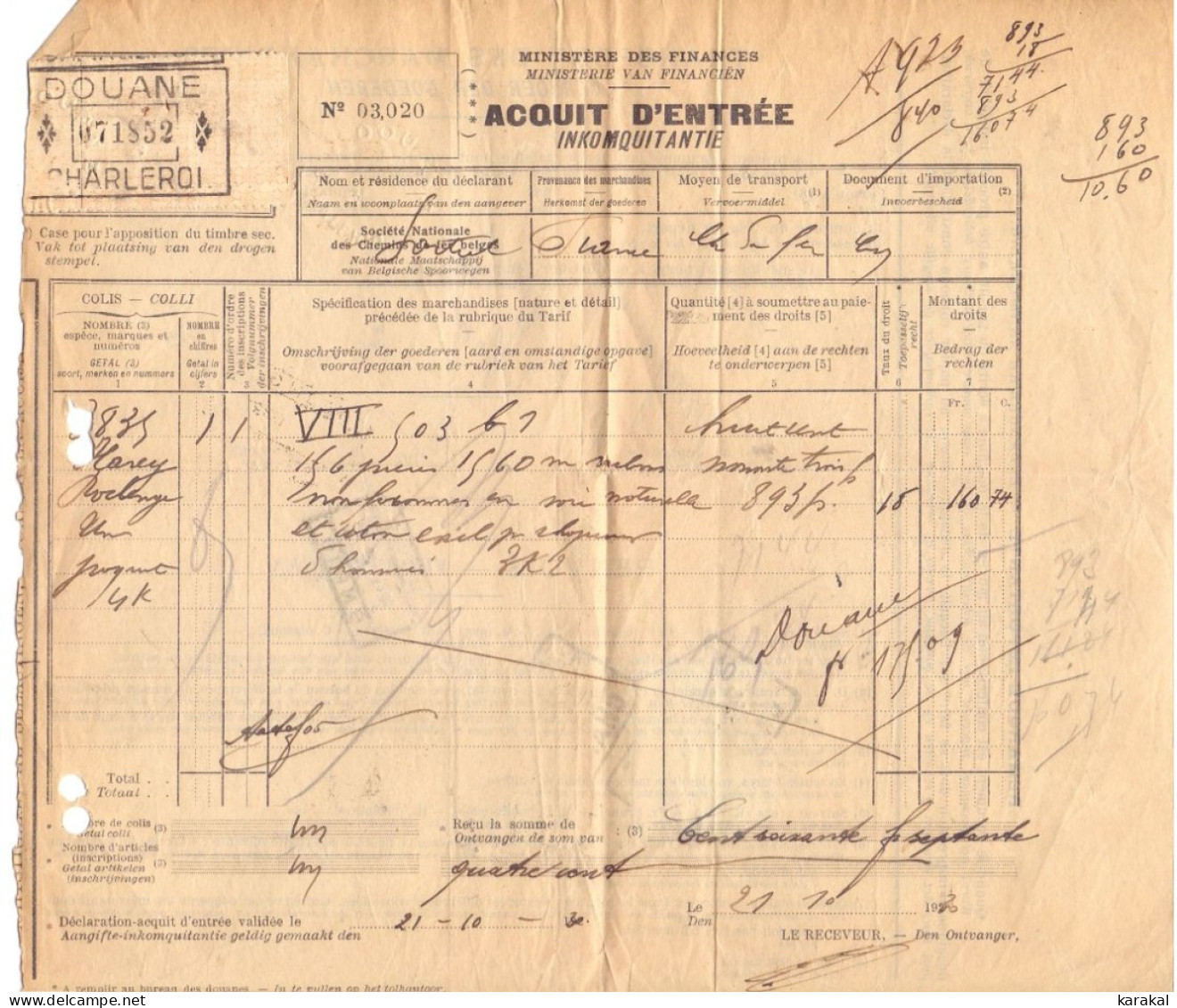 Belgique Timbres Fiscaux Acquit D'entrée Inkomquitantie Chemin De Fer Marchandises Douane Charleroi 1930 - Documentos