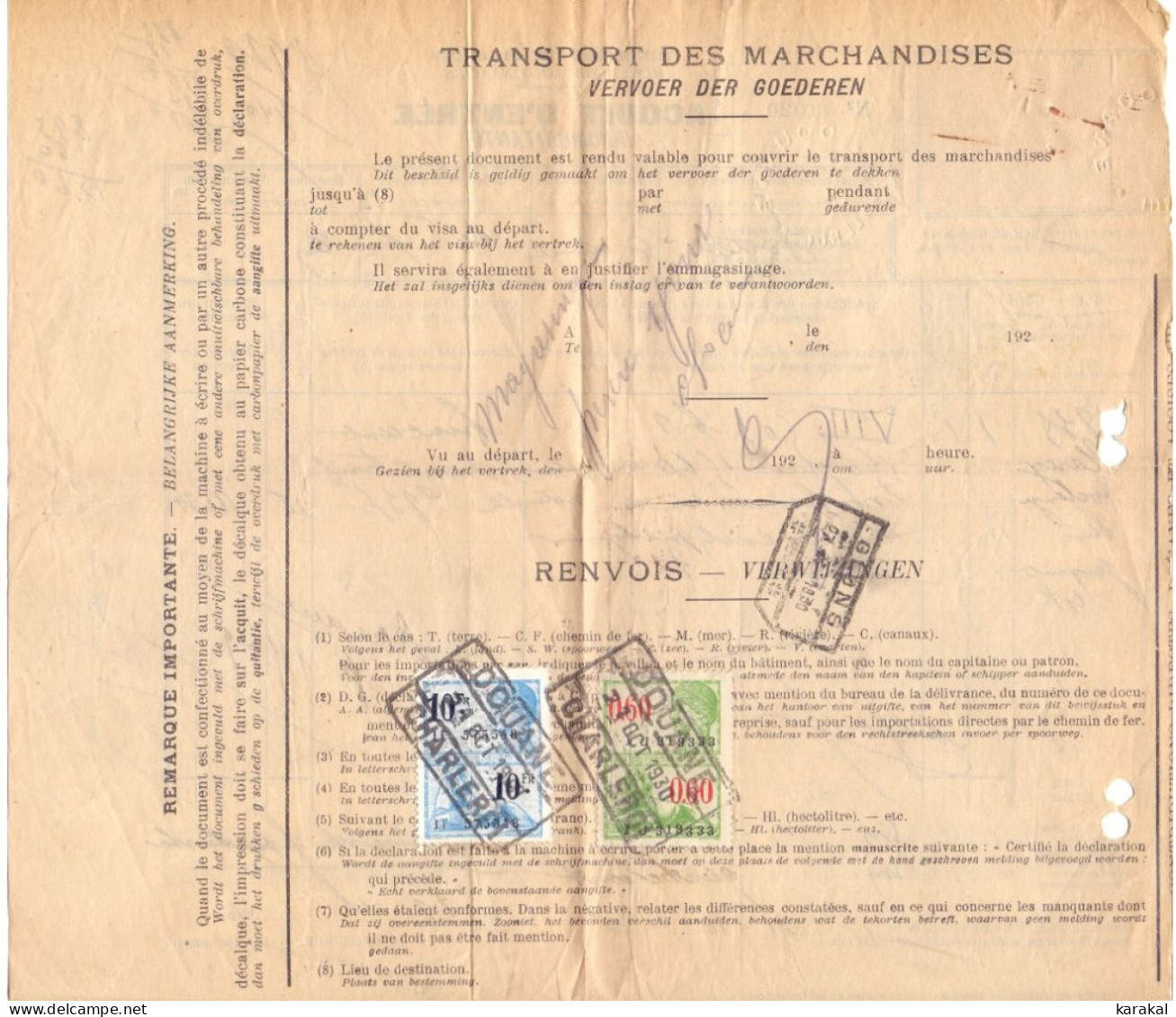 Belgique Timbres Fiscaux Acquit D'entrée Inkomquitantie Chemin De Fer Marchandises Douane Charleroi 1930 - Documenten