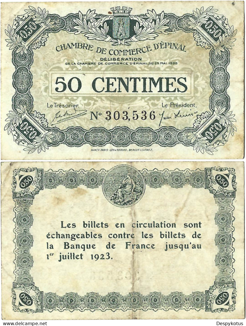 France - BILLET - Chambre De Commerce D'EPINAL - 50 Centimes - 1920 - JP.056.01 - 15-294 - Bons & Nécessité