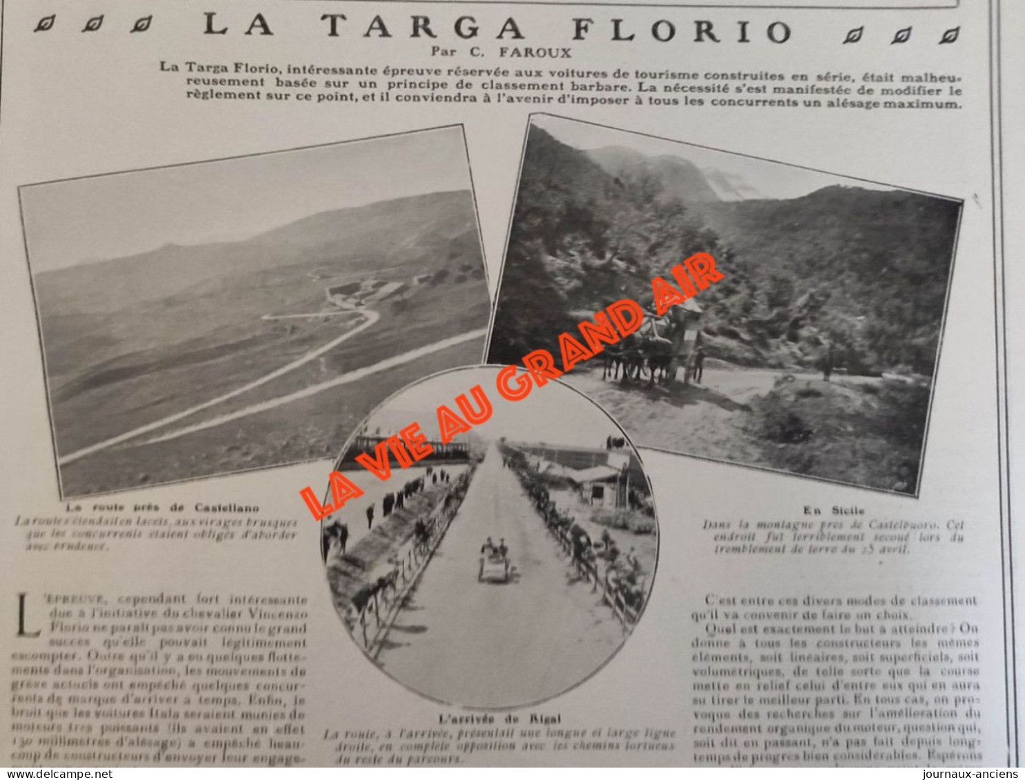 1906 COURSE AUTOMOBILE - LA TARGA FLORIO - CAGNO - VOITURE ITALIA - BALBOT - PNEUS CONTINENTAL - LA VIE AU GRAND AIR - Livres