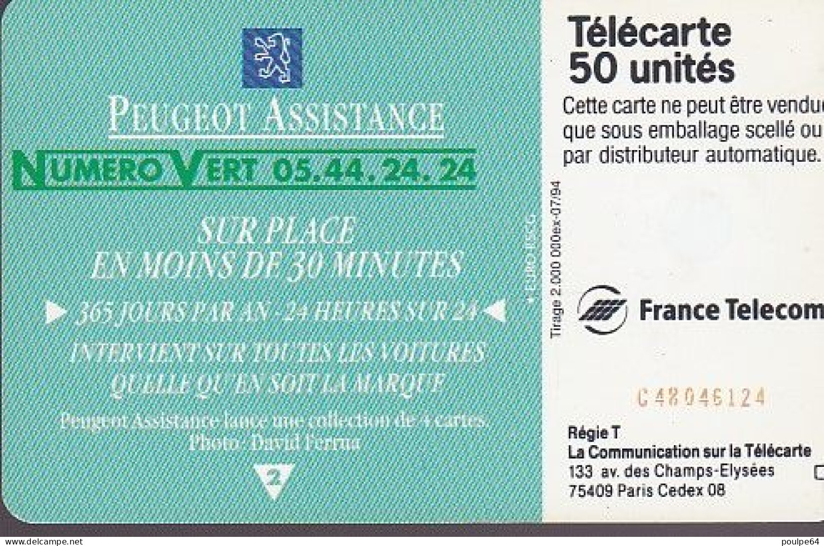 F487 - 07/1994 - PEUGEOT ASSISTANCE " Verte "  - 50 SC7 - 1994