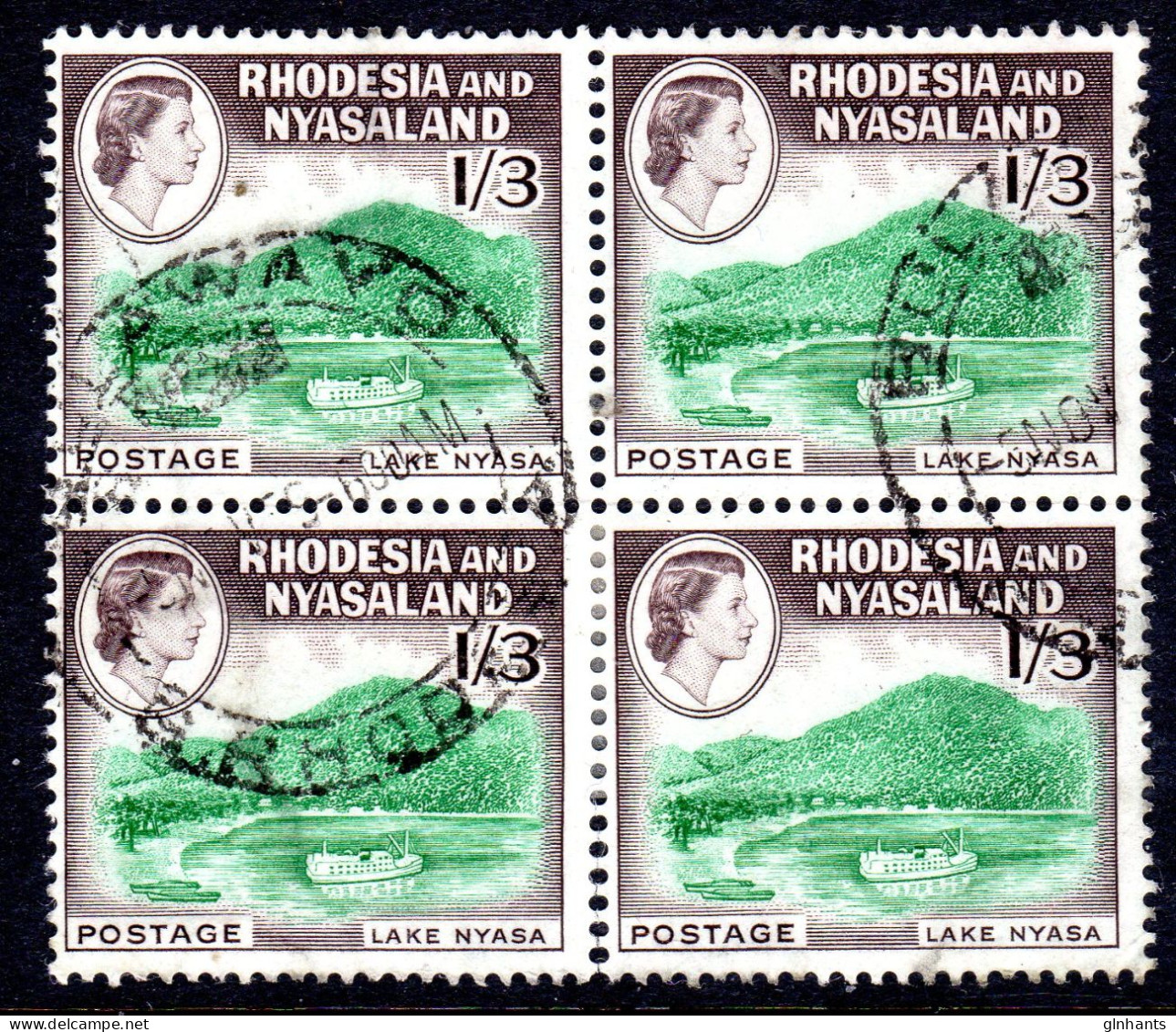 RHODESIA & NYASALAND - 1959 QEII DEFINITIVE 1/3 STAMP IN BLOCK OF 4 FINE USED SG 26 X 4 - Rodesia & Nyasaland (1954-1963)