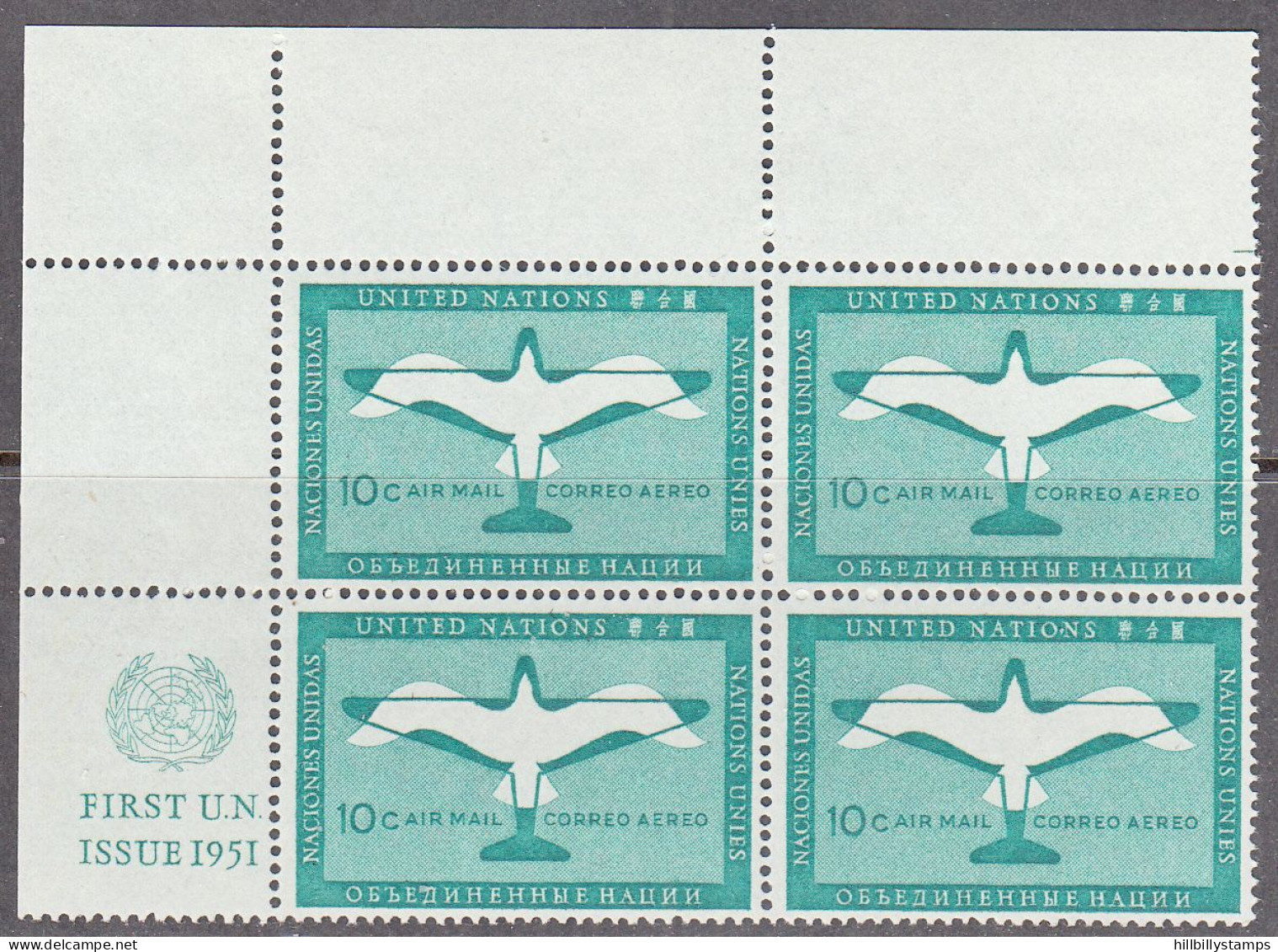 UNITED NATIONS NY   SCOTT NO C2  MNH  CORNER BLOCK   YEAR  1951 - Airmail