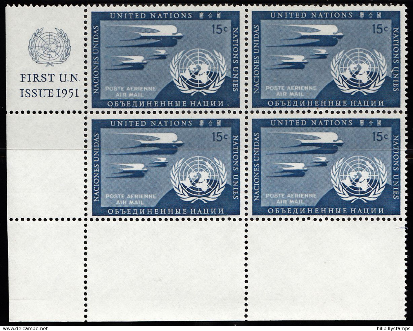 UNITED NATIONS NY   SCOTT NO C3  MNH  CORNER BLOCK   YEAR  1951 - Luftpost