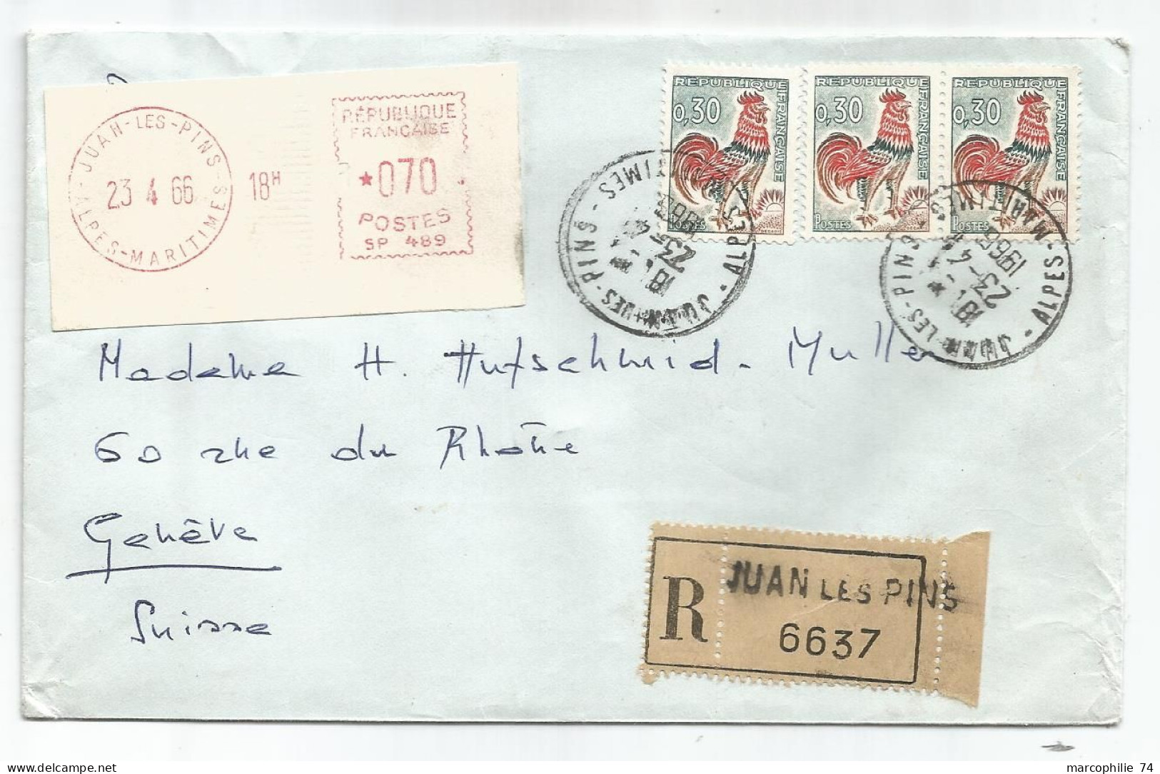 COQ DECARIS 30CX3 + ETIQUETTE 070 LETTRE REC JUAN LES PINS 23.4.1965 POUR SUISSE - 1962-1965 Haan Van Decaris