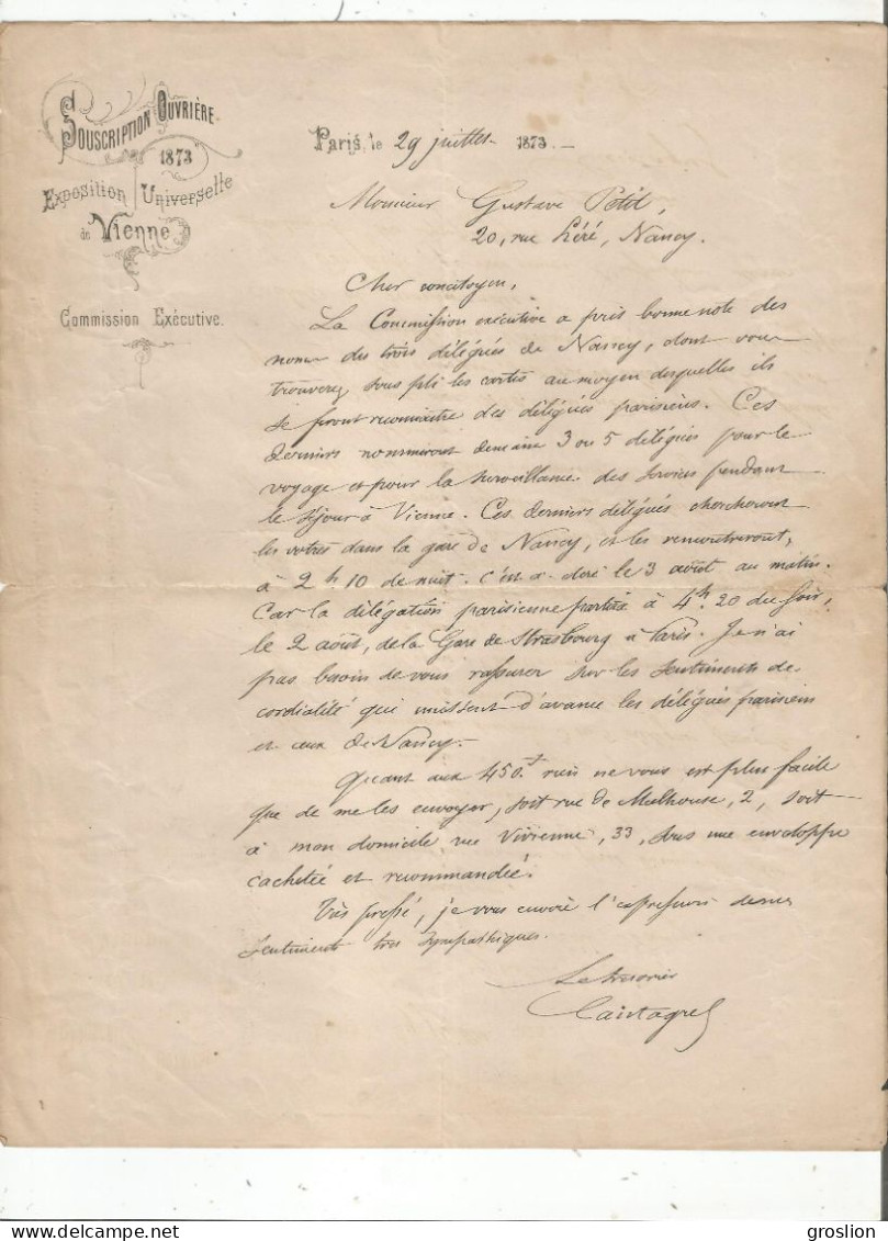 CANTAGREL FRANCOIS (AMBOISE 1810 PARIS 1887)  HOMME POLITIQUE ECRIVAIN FRANCAIS LETTRE A SIGNATURE 1873 - Politico E Militare