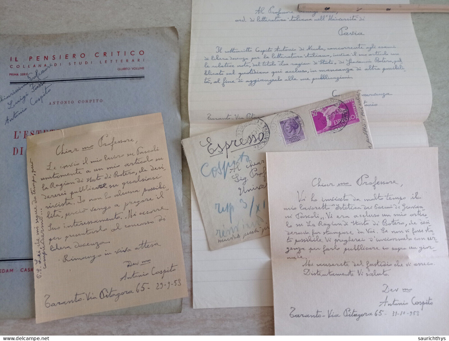 L'estetica Dei Poemi Di Giovanni Pascoli Con Lettere Autografe Di Antonio Cospito Da Taranto Cedam 1953 - Geschiedenis, Biografie, Filosofie