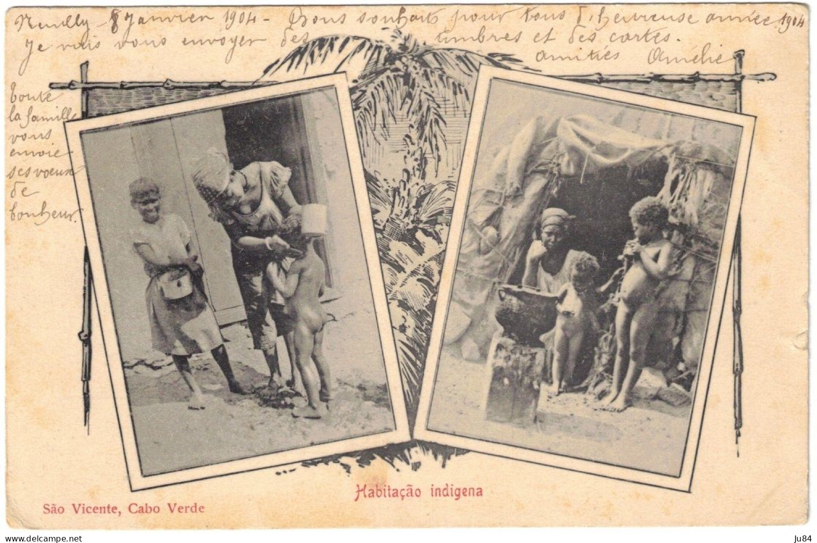 Afrique - Cap Vert - Cabo Verde - Habitaçao Indigena - Habitation Indigène - Enfants - Carte Postale Pour La Drôme  1904 - Cape Verde
