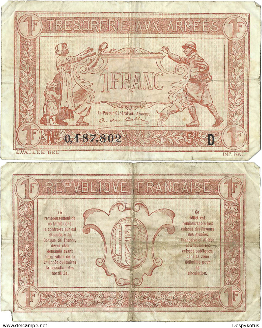 France - BILLET - TRESORERIE AUX ARMEES - UN FRANC - 1917 - VF.03.04 - 15-302 - Bons & Nécessité