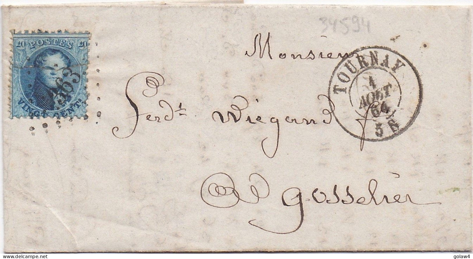 34594# BELGIQUE LEOPOLD MEDAILLON N°15 LETTRE Obl 363 TOURNAY 1864 Pour GOSSELIES - 1849-1865 Medallions (Other)