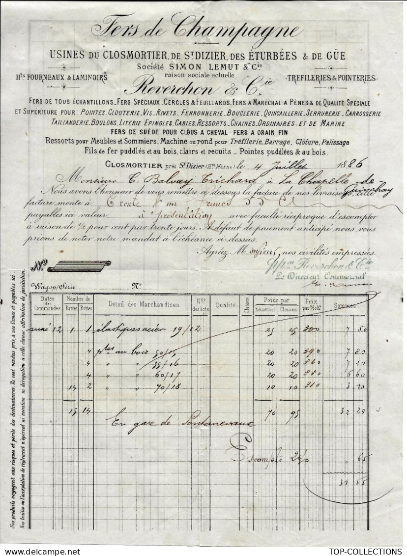 1886 ENTETE FERS DE CHAMPAGNE Reverchon Simon Lemut Usines De Closmortier St Dizier Des Eturbées & De Gué  Haute Marne - 1800 – 1899