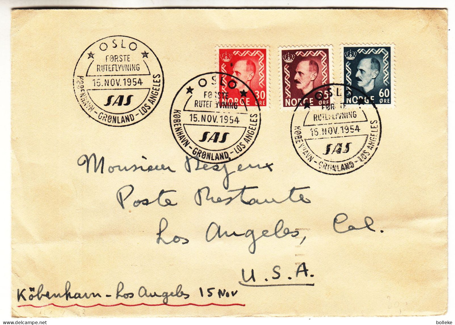 Norvège - Lettre De 1954 - Oblit Oslo - Exp Vers Los Angeles - 1 Er Vol Kobenhavn Gronland Los Angeles - - Cartas & Documentos