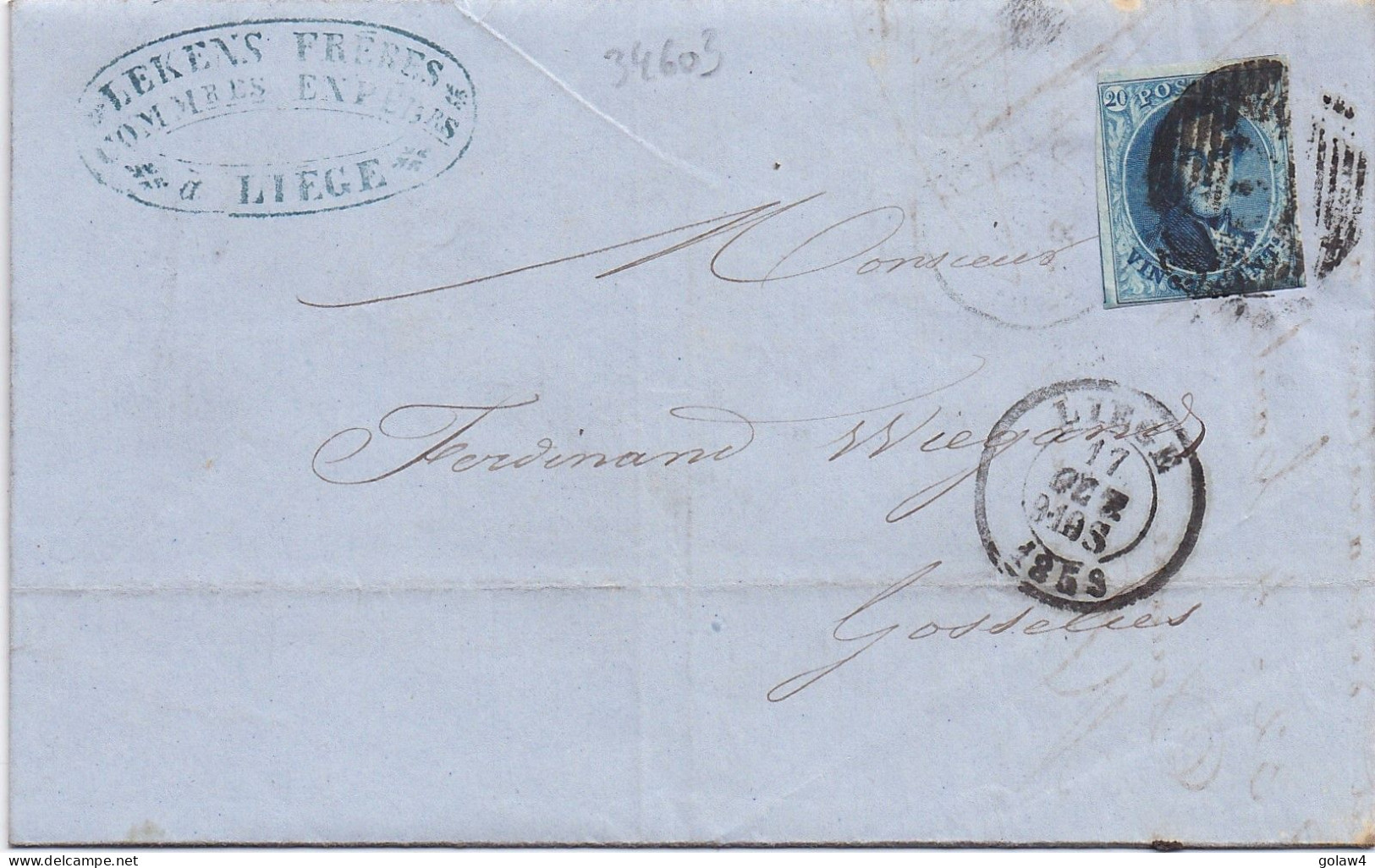 34603# BELGIQUE LEOPOLD MEDAILLON N°7 LETTRE Obl 73 LIEGE 1859 Pour GOSSELIES - 1849-1865 Medaillons (Varia)