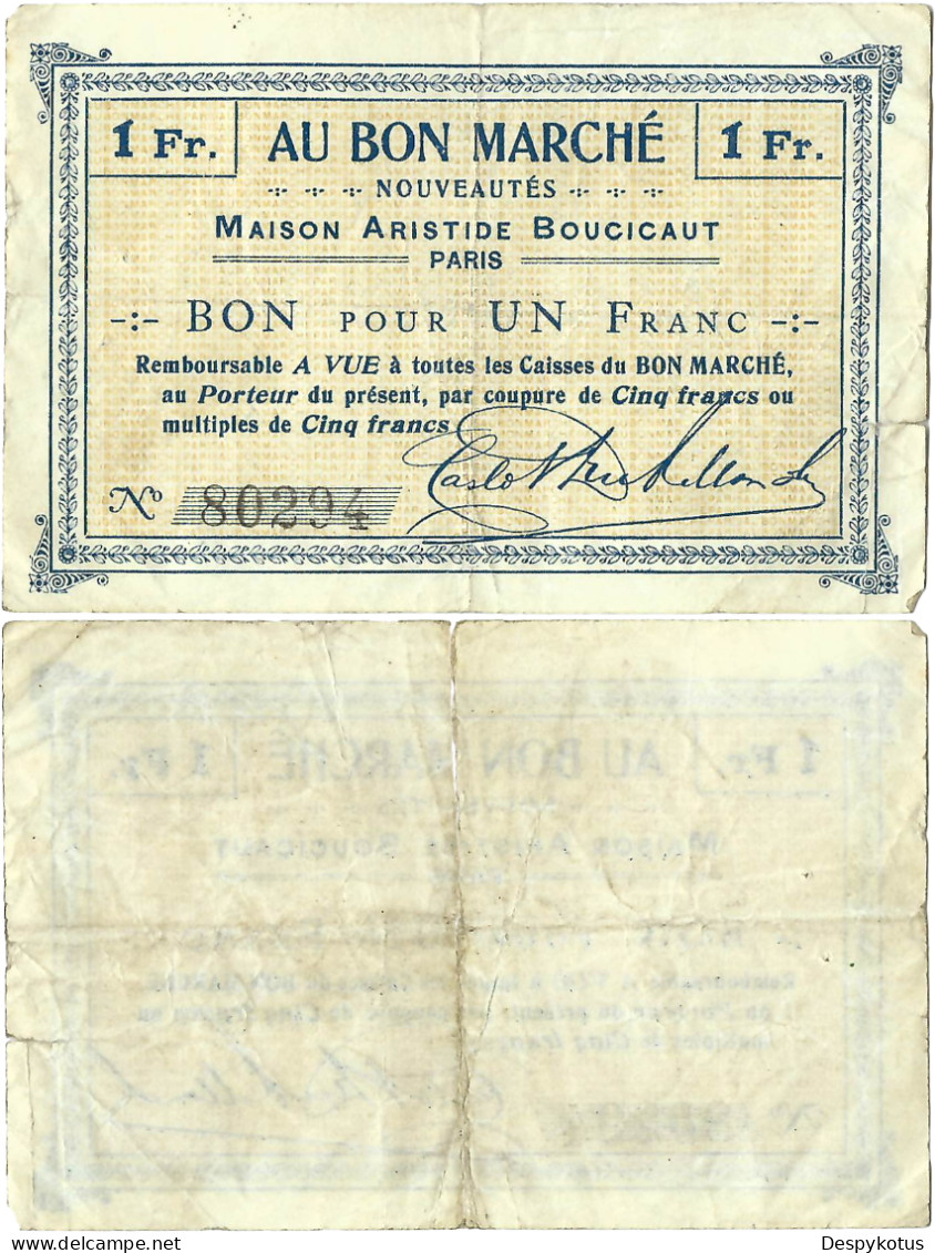 France - BILLET - AU BON MARCHE - 1 FRANC - 15-304 - Bonds & Basic Needs