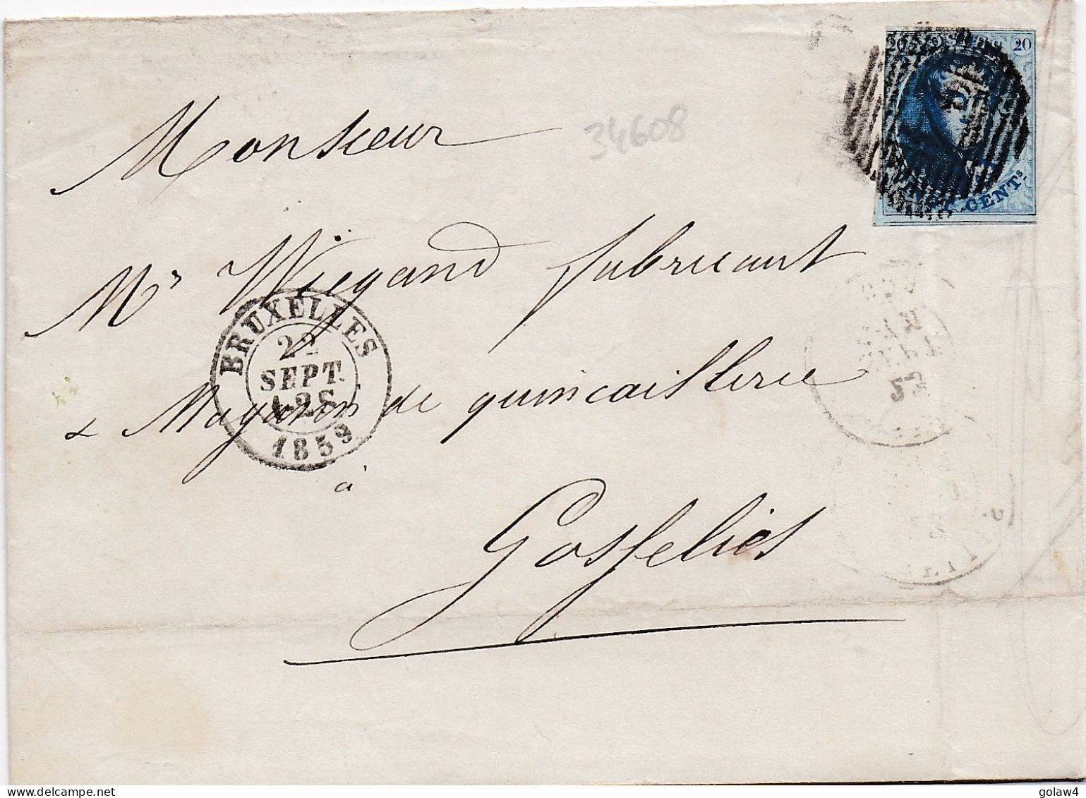 34608# BELGIQUE LEOPOLD MEDAILLON N°11 LETTRE Obl 24 BRUXELLES 1859 Pour GOSSELIES - 1849-1865 Médaillons (Autres)