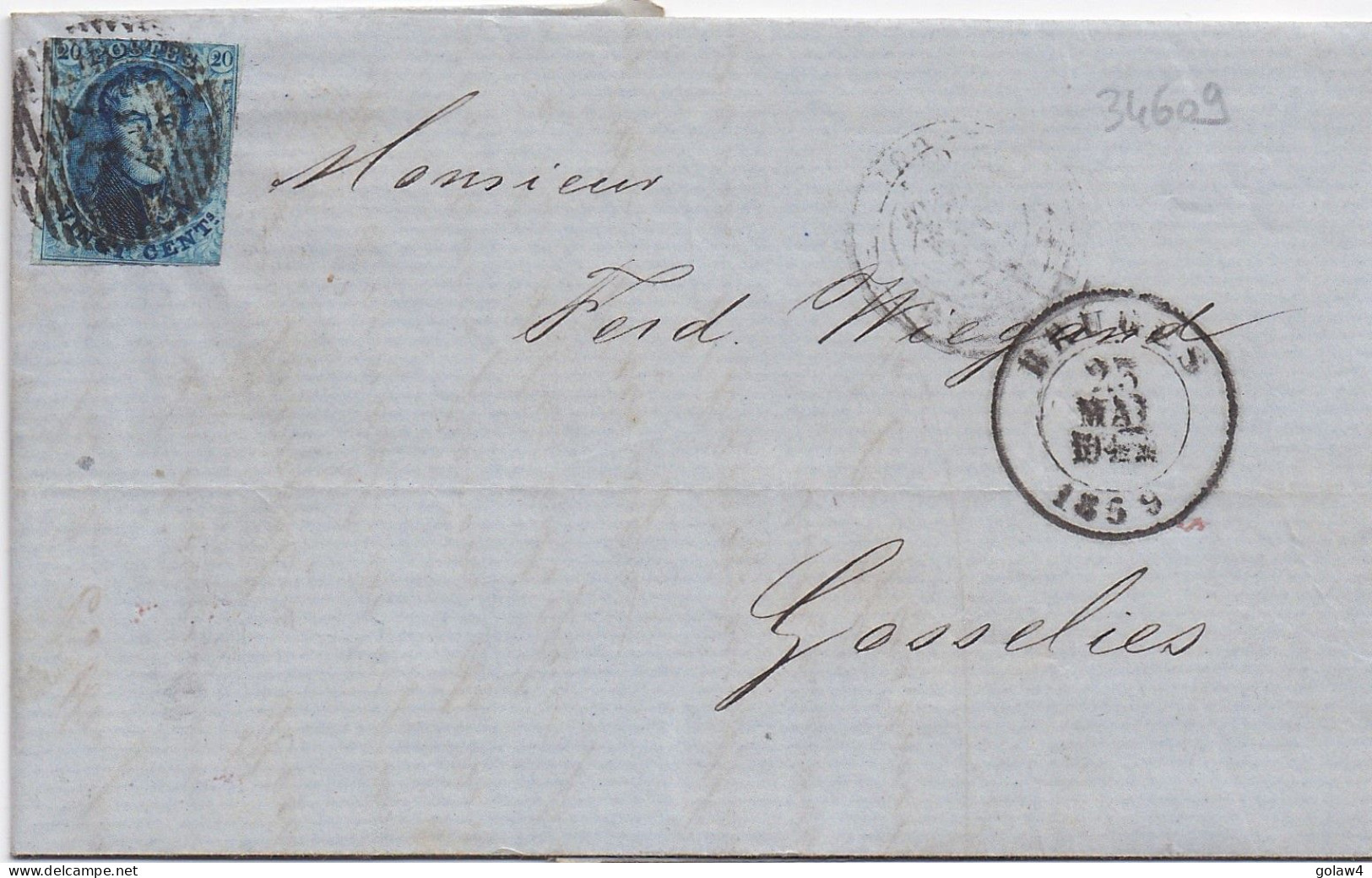 34609# BELGIQUE LEOPOLD MEDAILLON N°11 LETTRE Obl 23 BRUGES 1859 Pour GOSSELIES - 1849-1865 Medaillons (Varia)