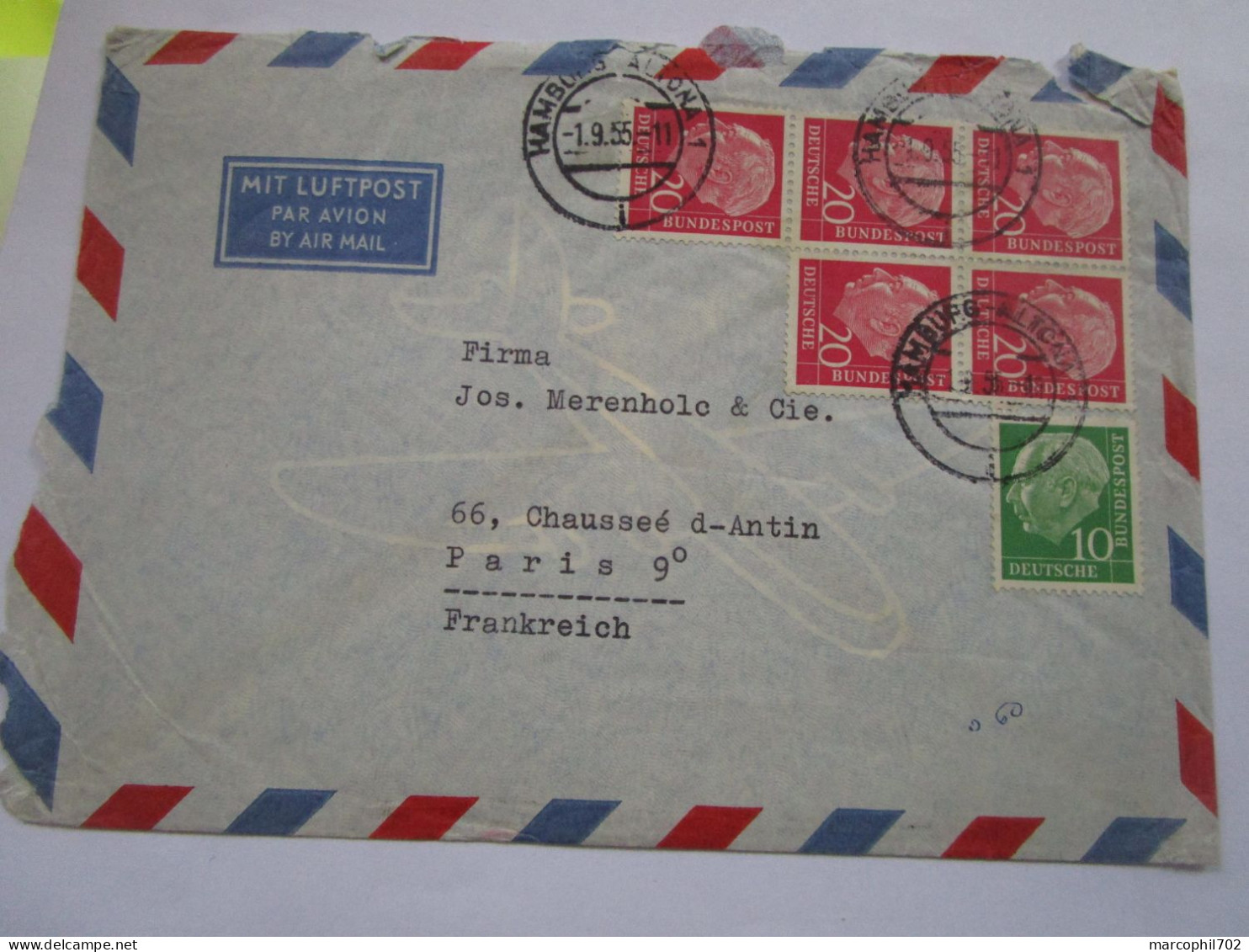 Lettre D'allemagne Pour La France Par Avion Mit Luftpost Bel Affranchissement 1/9/55 - Blokken