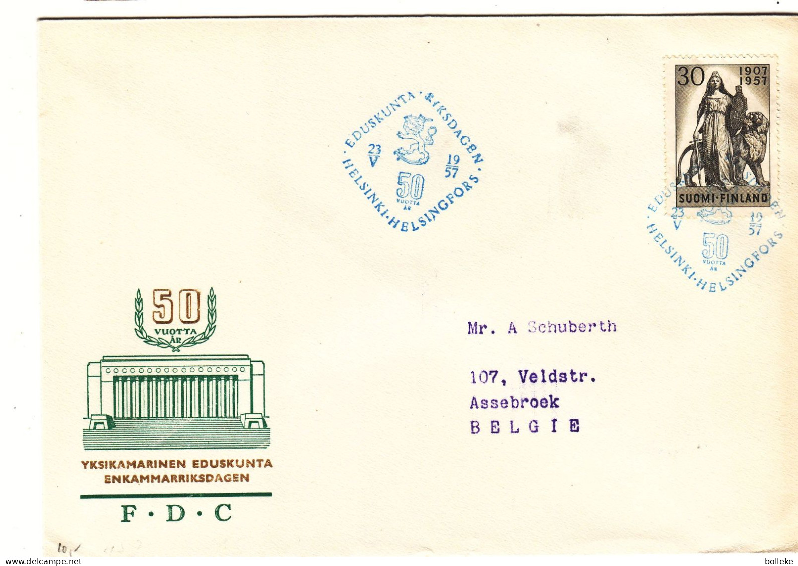 Finlande - Lettre FDC De 1957  - Oblit Helsinki - épée - Bouclier - Lion - Valeur 4 Euros - - Lettres & Documents