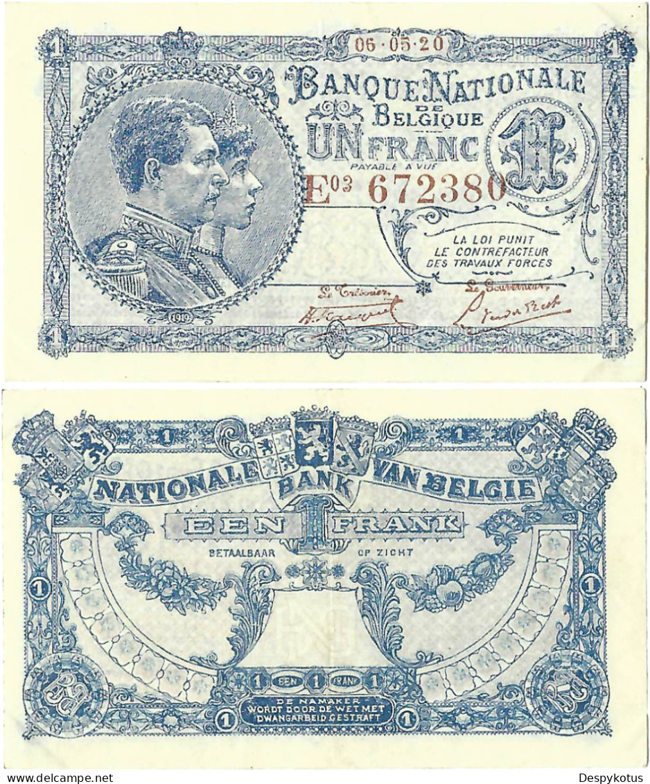 BELGIQUE - 1920 - UN FRANC - P.092 - 15-305 - 1 Franc