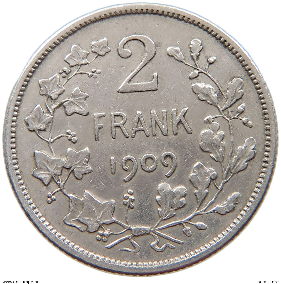 BELGIUM 2 FRANCS 1909 Leopold II. 1865-1909 #s038 0341 - 2 Frank